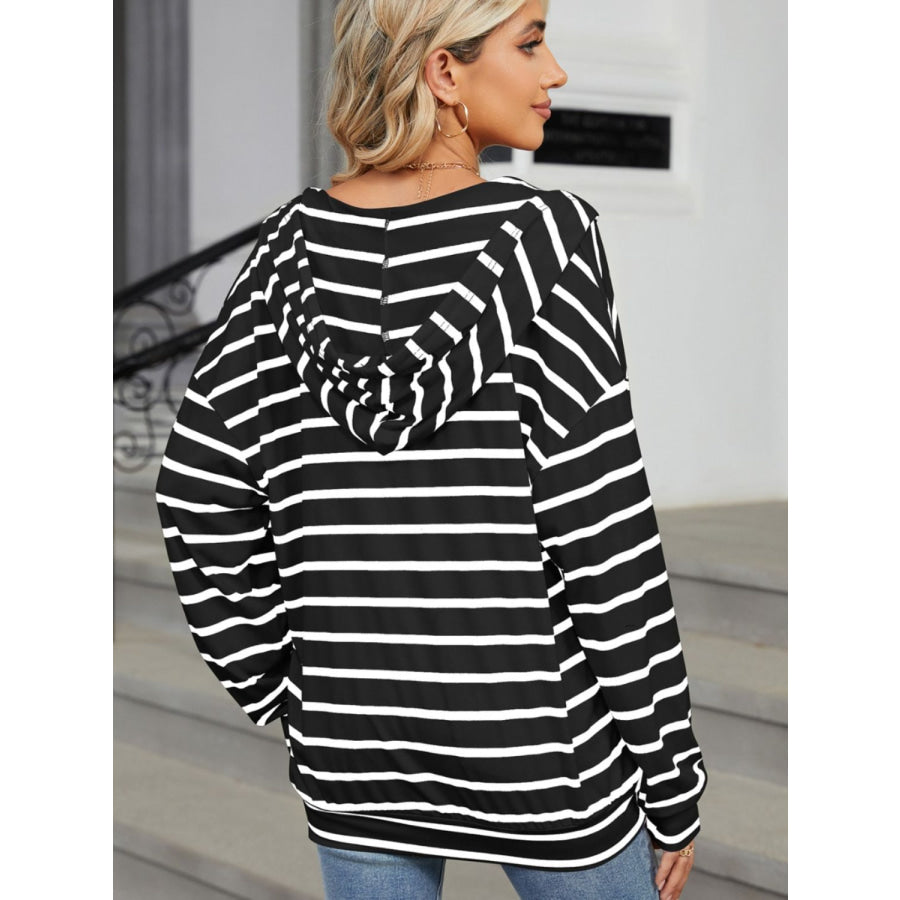 Drawstring Striped Long Sleeve Hoodie Apparel and Accessories