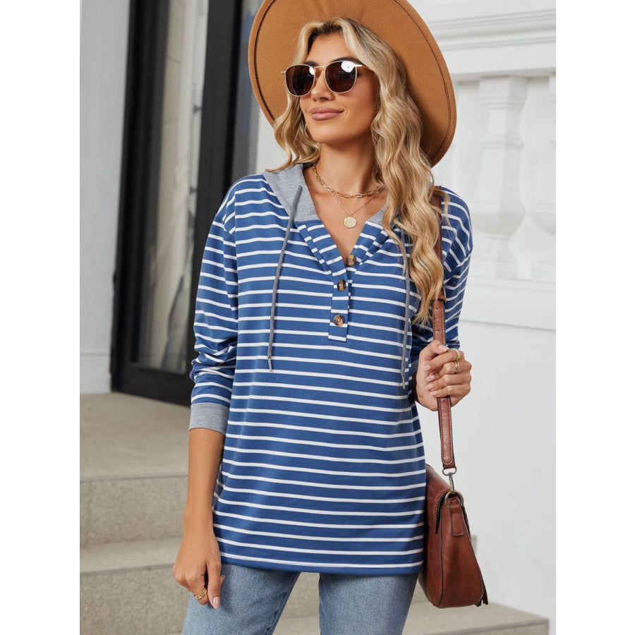 Drawstring Striped Long Sleeve Hoodie Apparel and Accessories