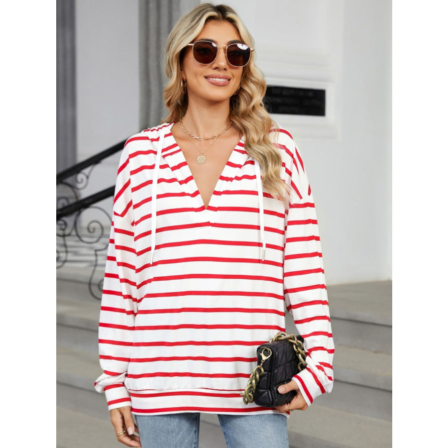 Drawstring Striped Long Sleeve Hoodie Apparel and Accessories