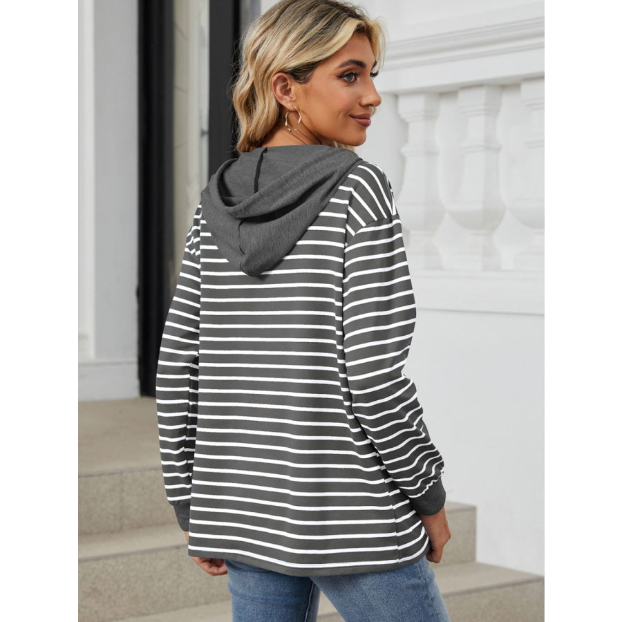 Drawstring Striped Long Sleeve Hoodie Apparel and Accessories