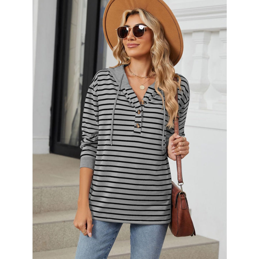 Drawstring Striped Long Sleeve Hoodie Apparel and Accessories