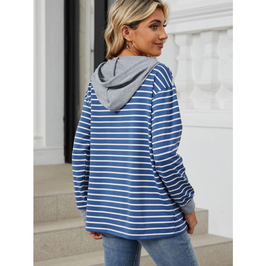 Drawstring Striped Long Sleeve Hoodie Apparel and Accessories