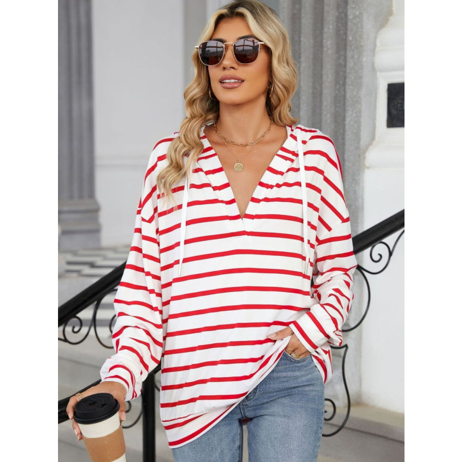 Drawstring Striped Long Sleeve Hoodie Apparel and Accessories