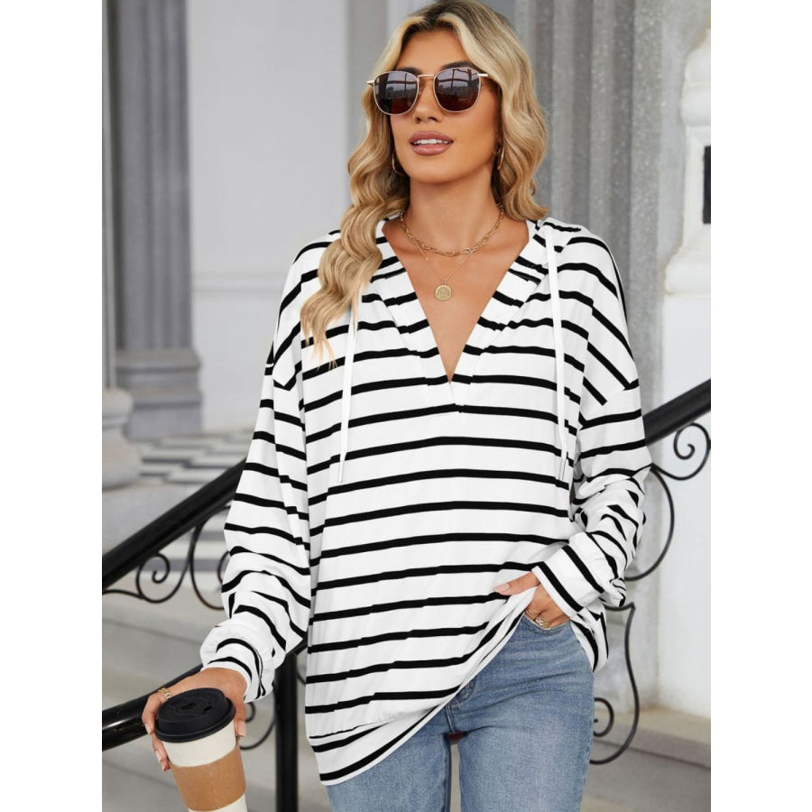 Drawstring Striped Long Sleeve Hoodie Apparel and Accessories