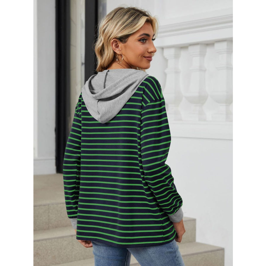 Drawstring Striped Long Sleeve Hoodie Apparel and Accessories