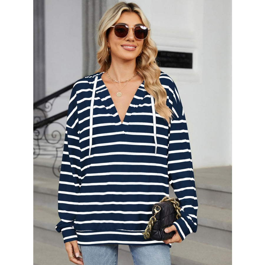 Drawstring Striped Long Sleeve Hoodie Apparel and Accessories