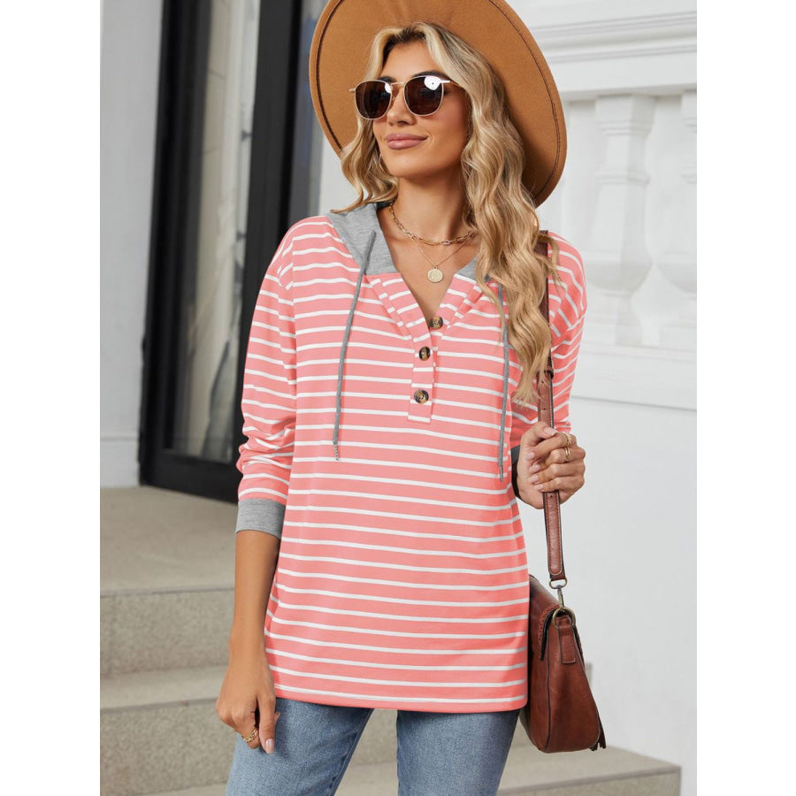 Drawstring Striped Long Sleeve Hoodie Apparel and Accessories