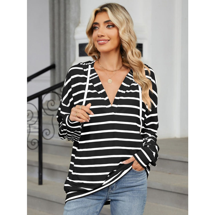 Drawstring Striped Long Sleeve Hoodie Apparel and Accessories