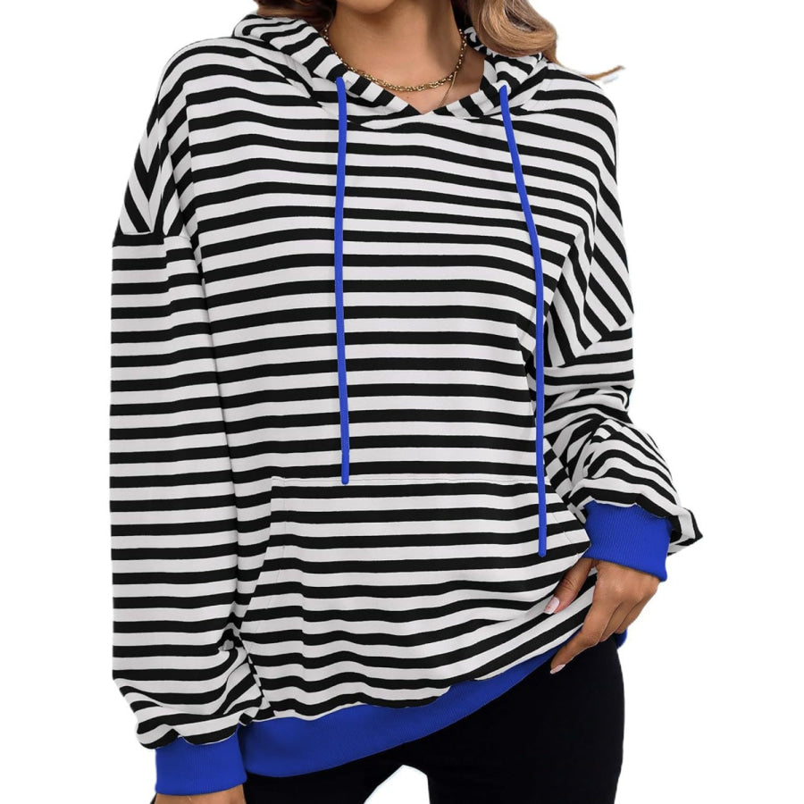 Drawstring Striped Long Sleeve Hoodie Black / S Apparel and Accessories