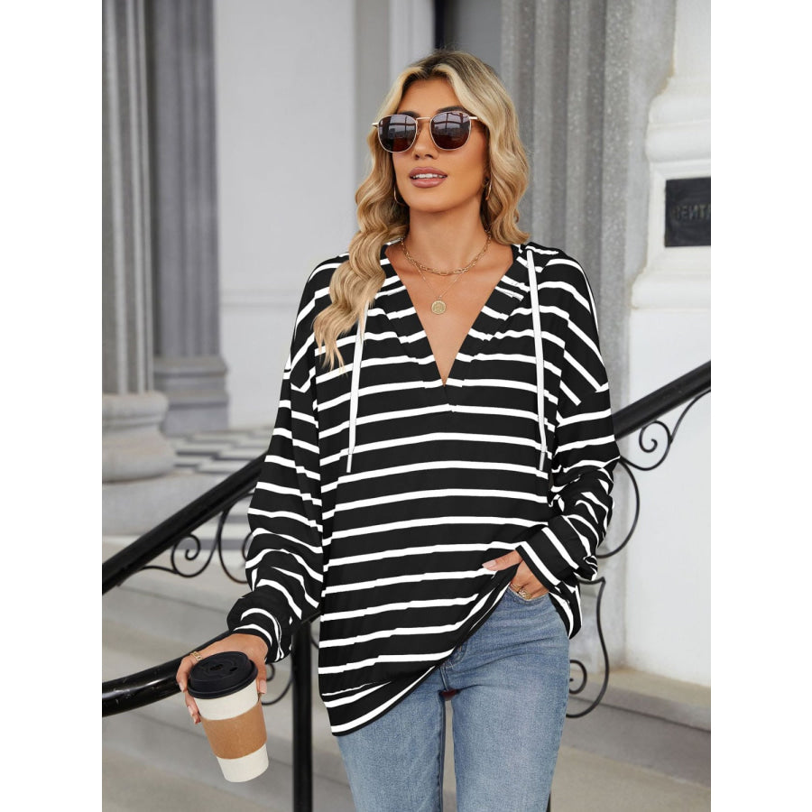 Drawstring Striped Long Sleeve Hoodie Black / S Apparel and Accessories