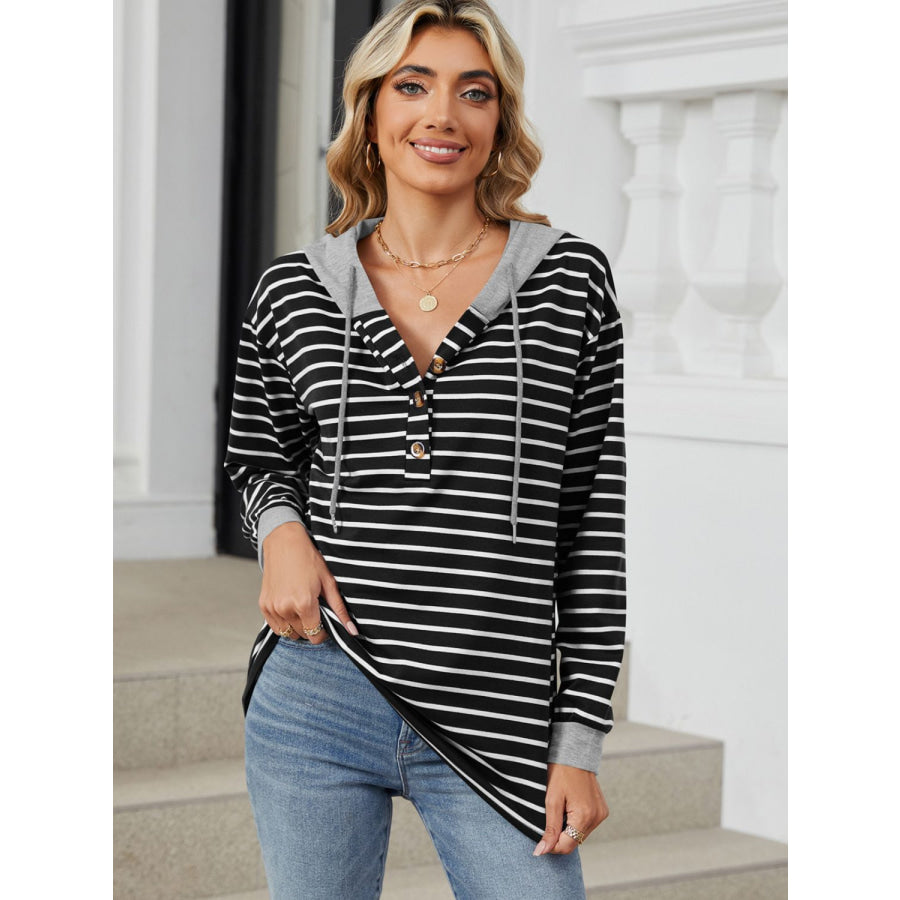 Drawstring Striped Long Sleeve Hoodie Black / S Apparel and Accessories