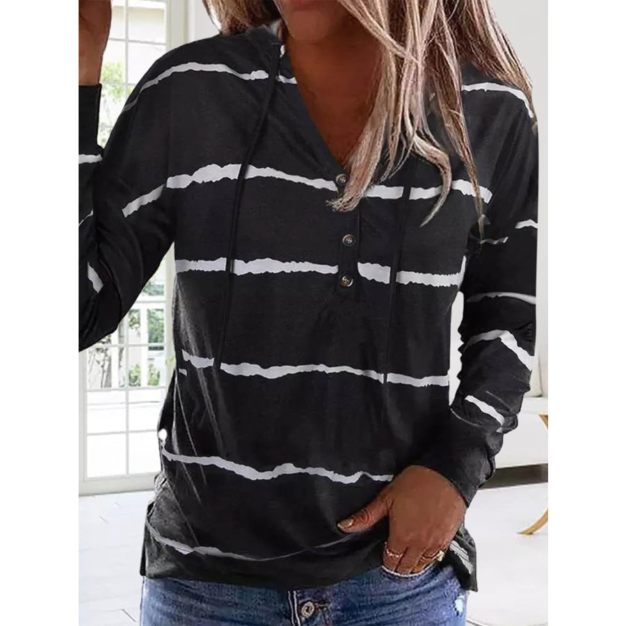 Drawstring Striped Long Sleeve Hoodie Black / S Apparel and Accessories