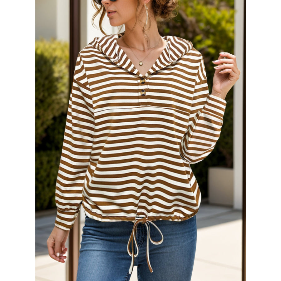 Drawstring Striped Long Sleeve Hoodie Brown / S Apparel and Accessories