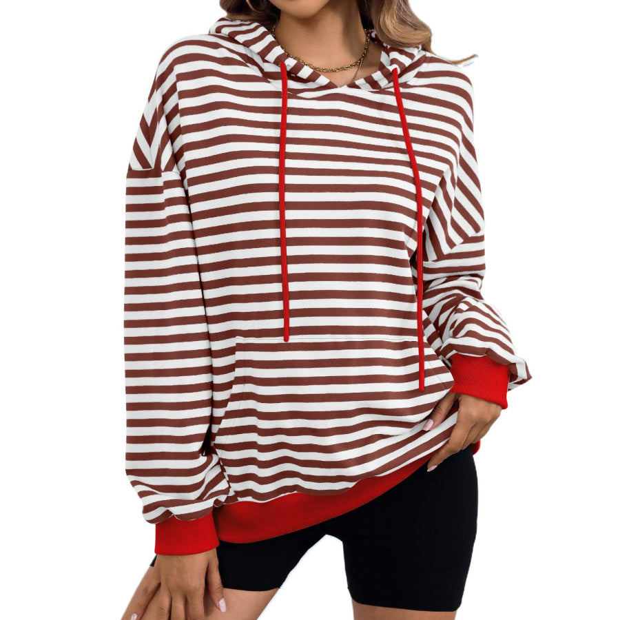 Drawstring Striped Long Sleeve Hoodie Dark Brown / S Apparel and Accessories