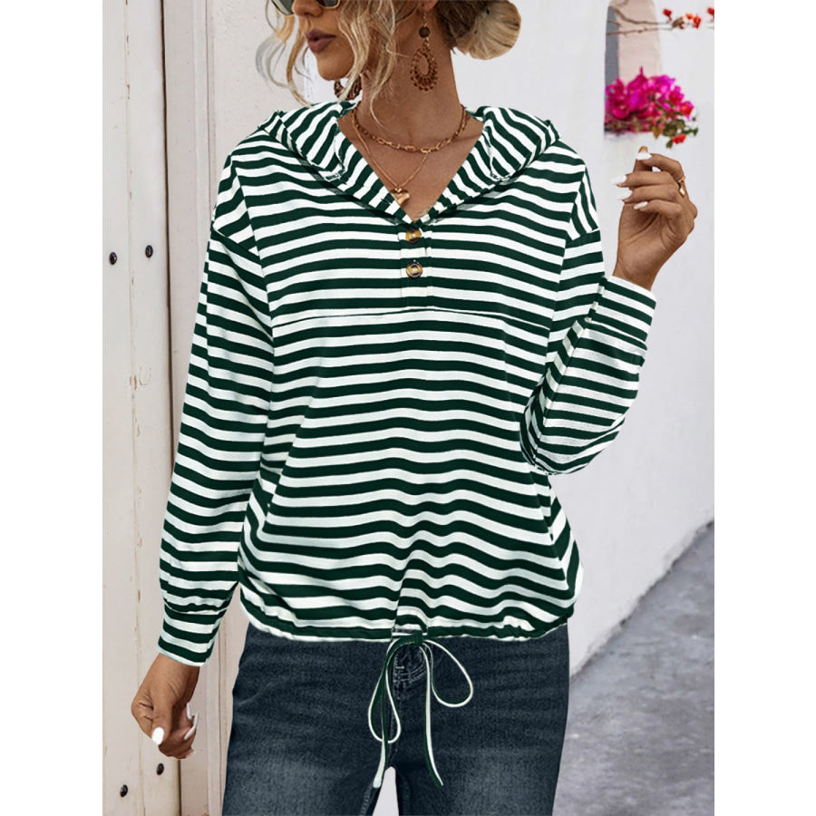 Drawstring Striped Long Sleeve Hoodie Dark Green / S Apparel and Accessories