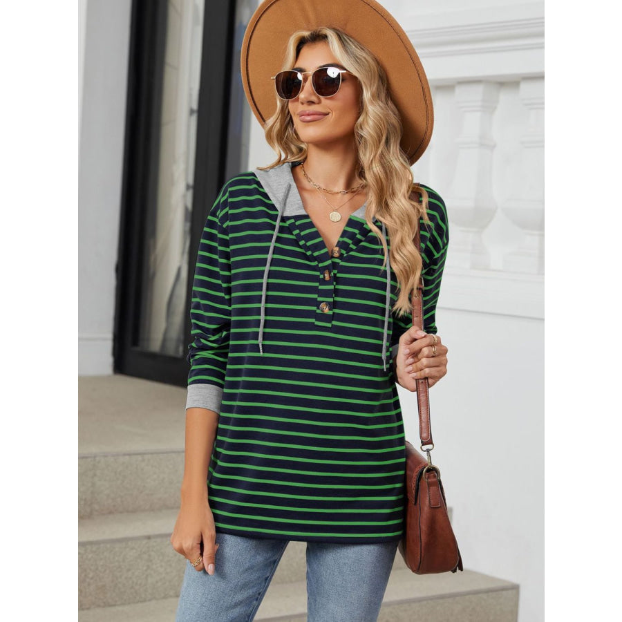 Drawstring Striped Long Sleeve Hoodie Dark Green / S Apparel and Accessories