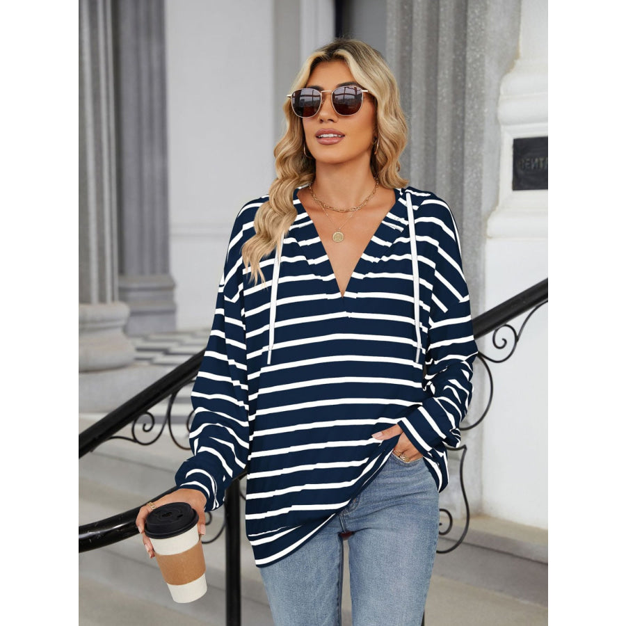 Drawstring Striped Long Sleeve Hoodie Dark Navy / S Apparel and Accessories