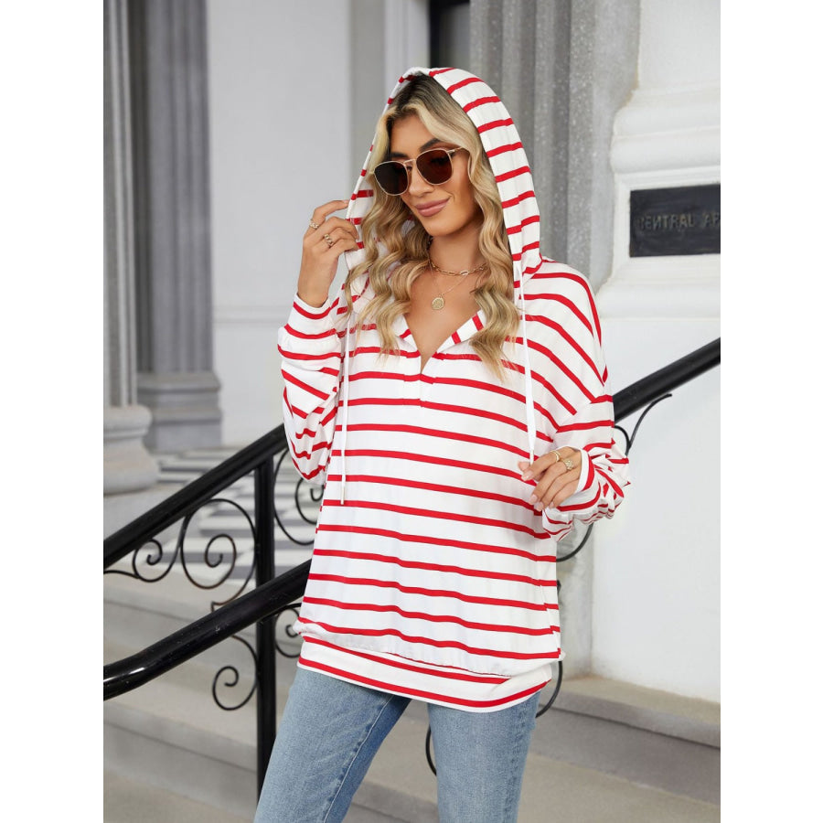 Drawstring Striped Long Sleeve Hoodie Deep Red / S Apparel and Accessories