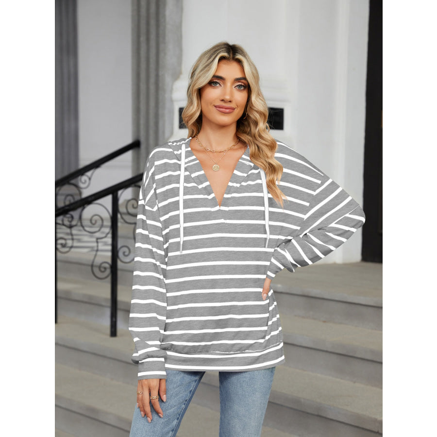 Drawstring Striped Long Sleeve Hoodie Gray / S Apparel and Accessories