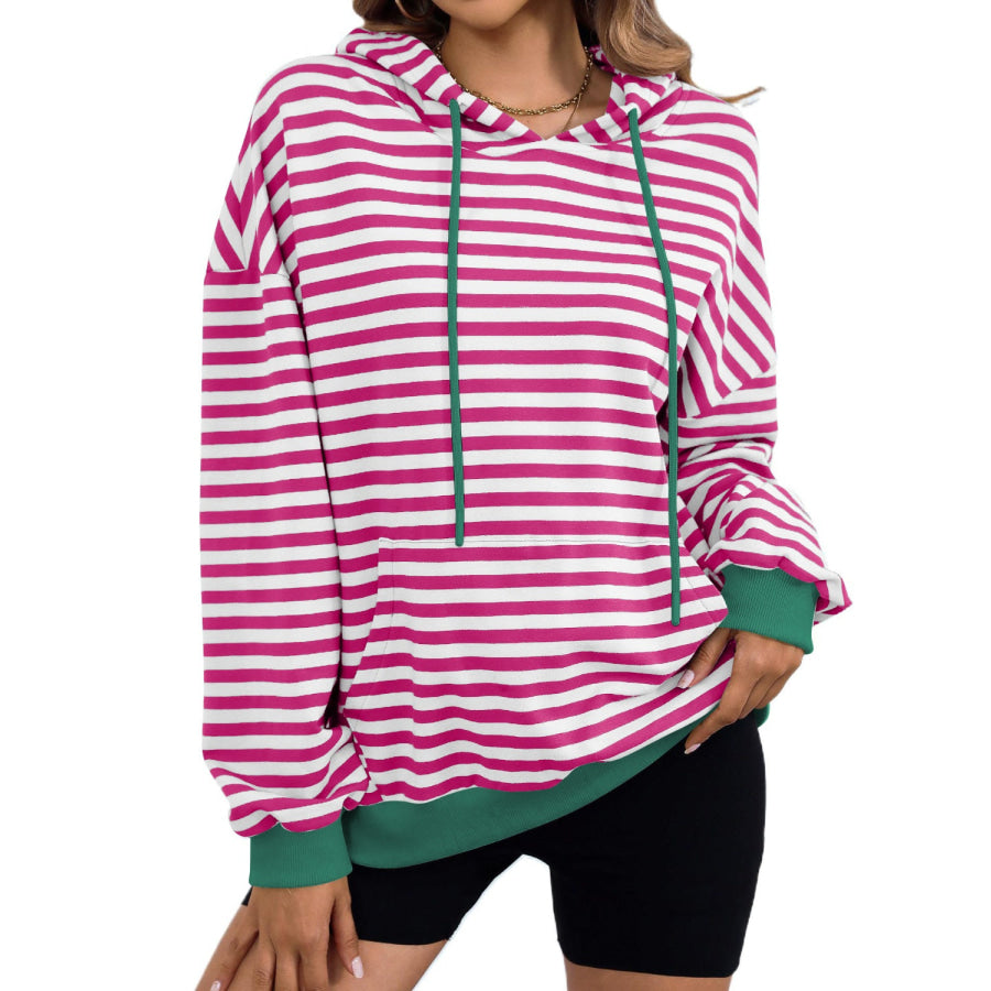 Drawstring Striped Long Sleeve Hoodie Hot Pink / S Apparel and Accessories