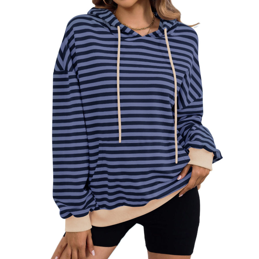 Drawstring Striped Long Sleeve Hoodie Indigo / S Apparel and Accessories