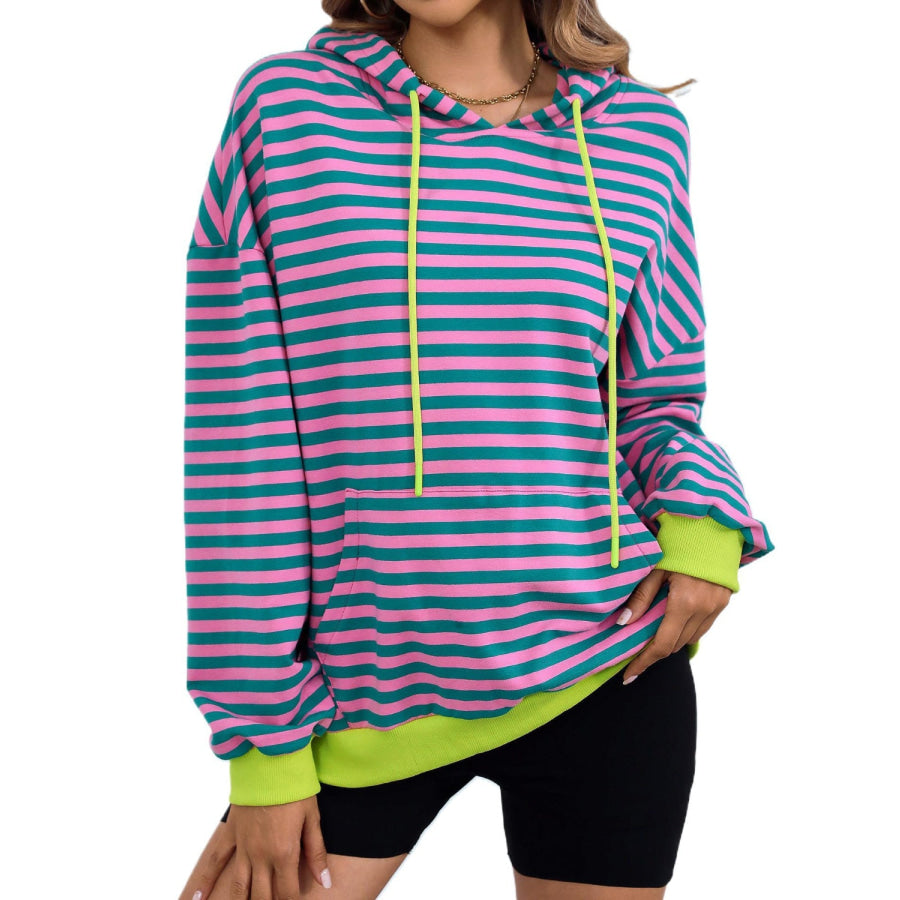 Drawstring Striped Long Sleeve Hoodie Red-Violet / S Apparel and Accessories