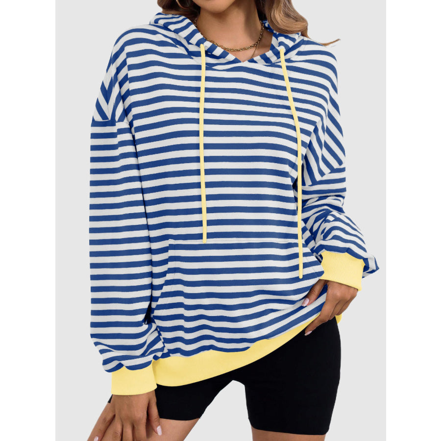 Drawstring Striped Long Sleeve Hoodie Royal Blue / S Apparel and Accessories