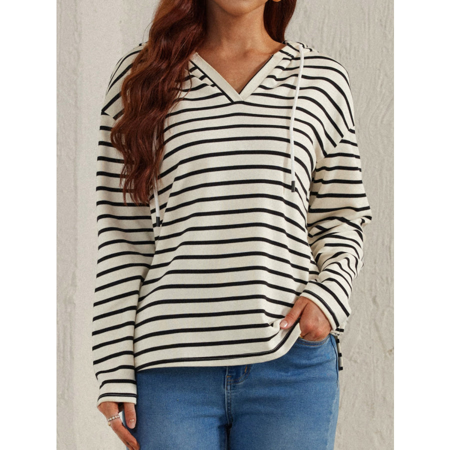 Drawstring Striped Long Sleeve Hoodie Stripe / S Apparel and Accessories