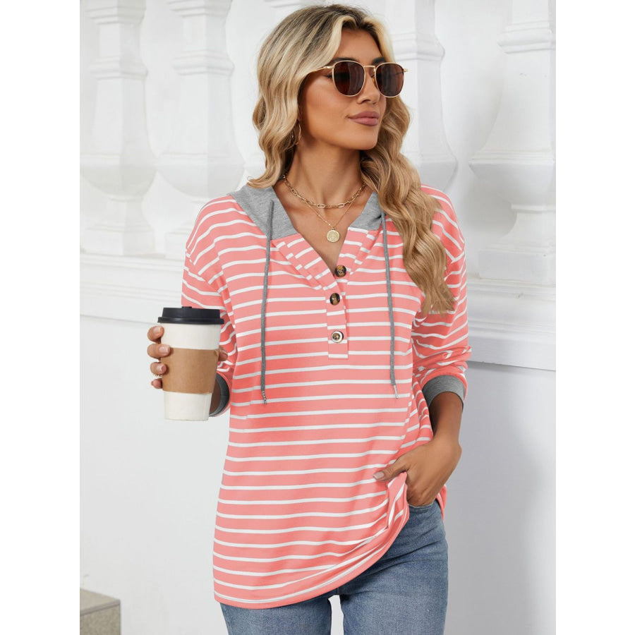 Drawstring Striped Long Sleeve Hoodie Watermelon pink / S Apparel and Accessories