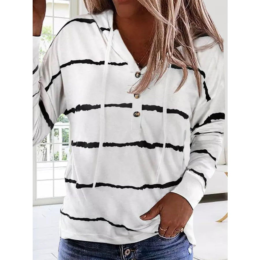 Drawstring Striped Long Sleeve Hoodie White / S Apparel and Accessories