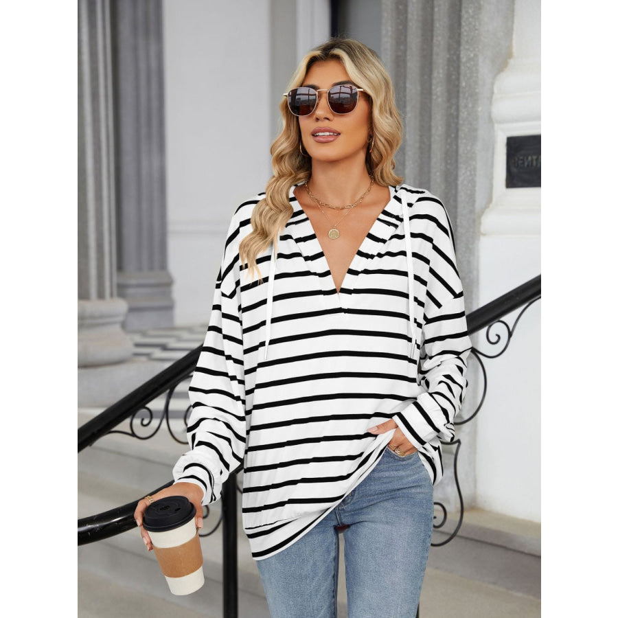 Drawstring Striped Long Sleeve Hoodie White / S Apparel and Accessories