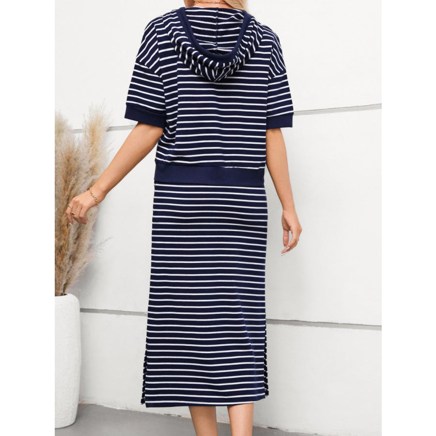 Drawstring Striped Short Sleeve Hooded Top and Skirt Set Dark Blue / S Apparel and Accessories