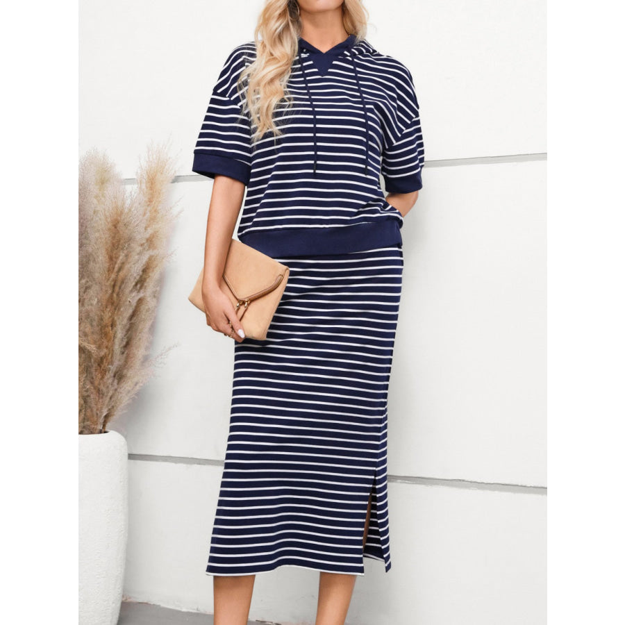 Drawstring Striped Short Sleeve Hooded Top and Skirt Set Apparel and Accessories