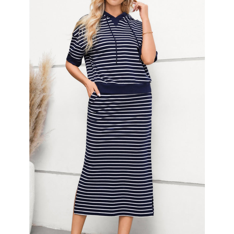 Drawstring Striped Short Sleeve Hooded Top and Skirt Set Dark Blue / S Apparel and Accessories