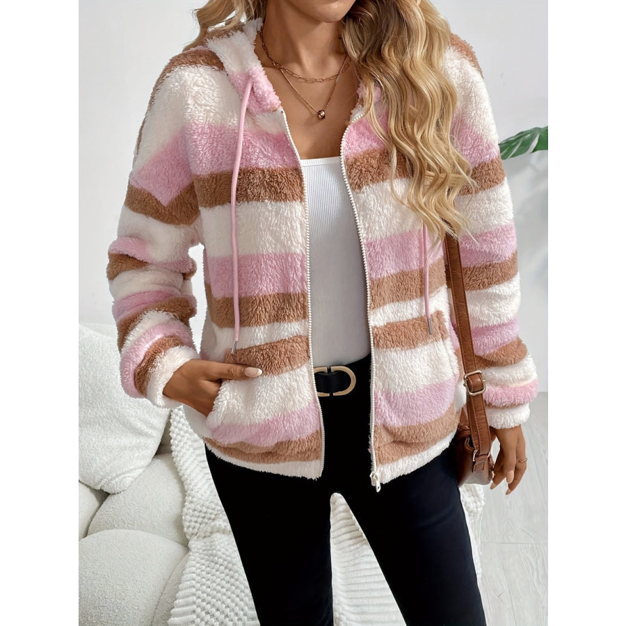 Drawstring Striped Zip Up Hooded Jacket Apparel and Accessories