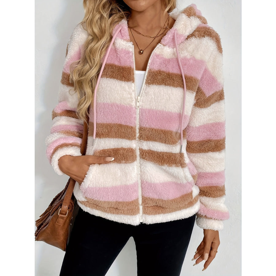 Drawstring Striped Zip Up Hooded Jacket Blush Pink / S Apparel and Accessories