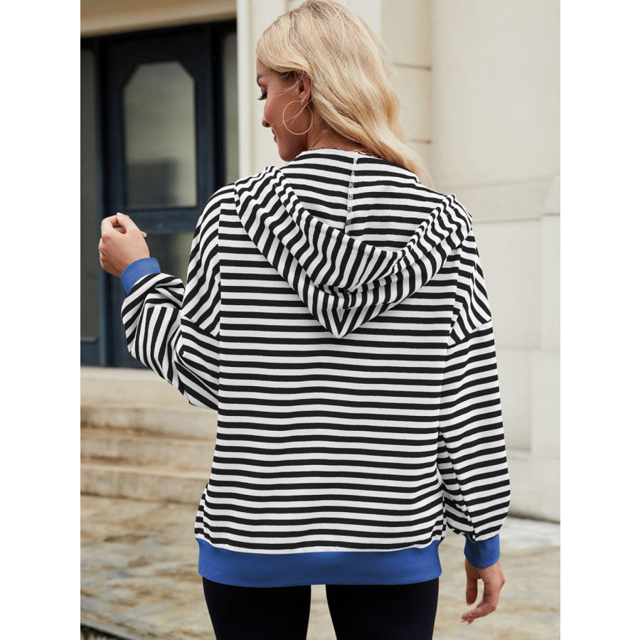 Drawstring Striped Zip Up Long Sleeve Hoodie Apparel and Accessories