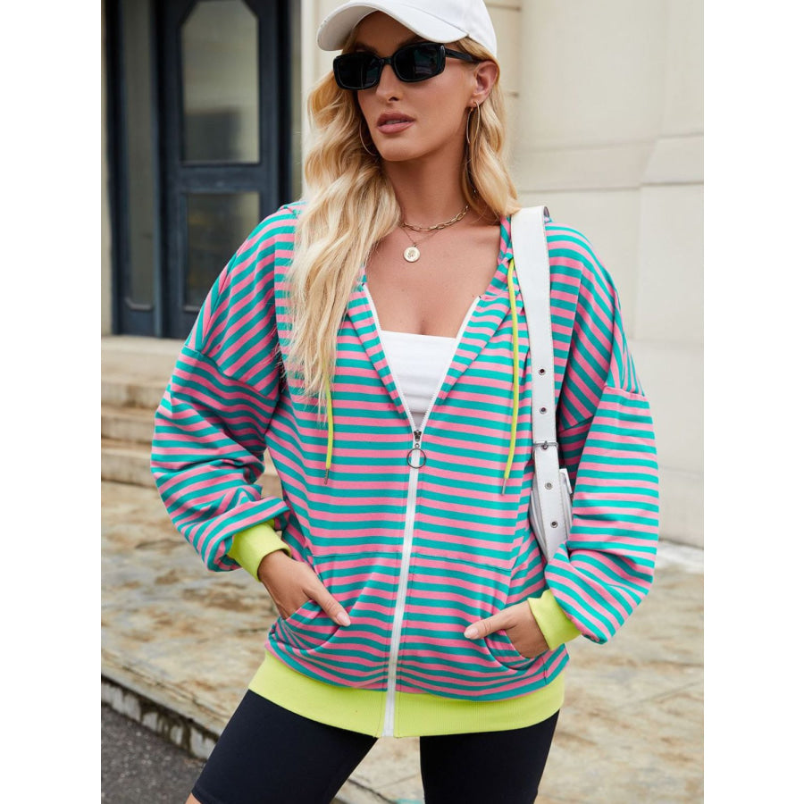 Drawstring Striped Zip Up Long Sleeve Hoodie Apparel and Accessories