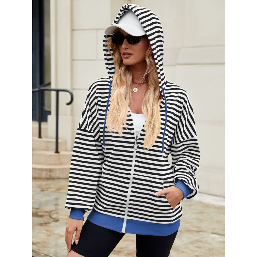 Drawstring Striped Zip Up Long Sleeve Hoodie Apparel and Accessories