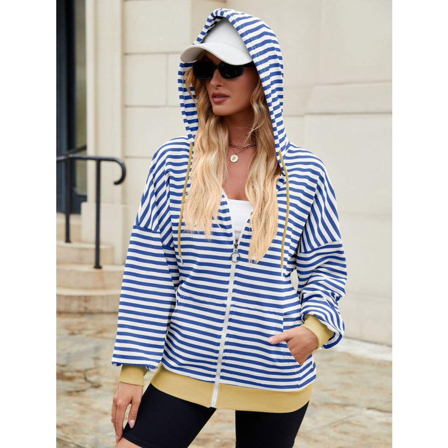 Drawstring Striped Zip Up Long Sleeve Hoodie Apparel and Accessories