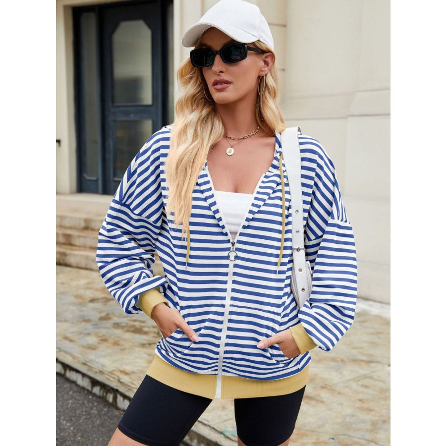 Drawstring Striped Zip Up Long Sleeve Hoodie Apparel and Accessories