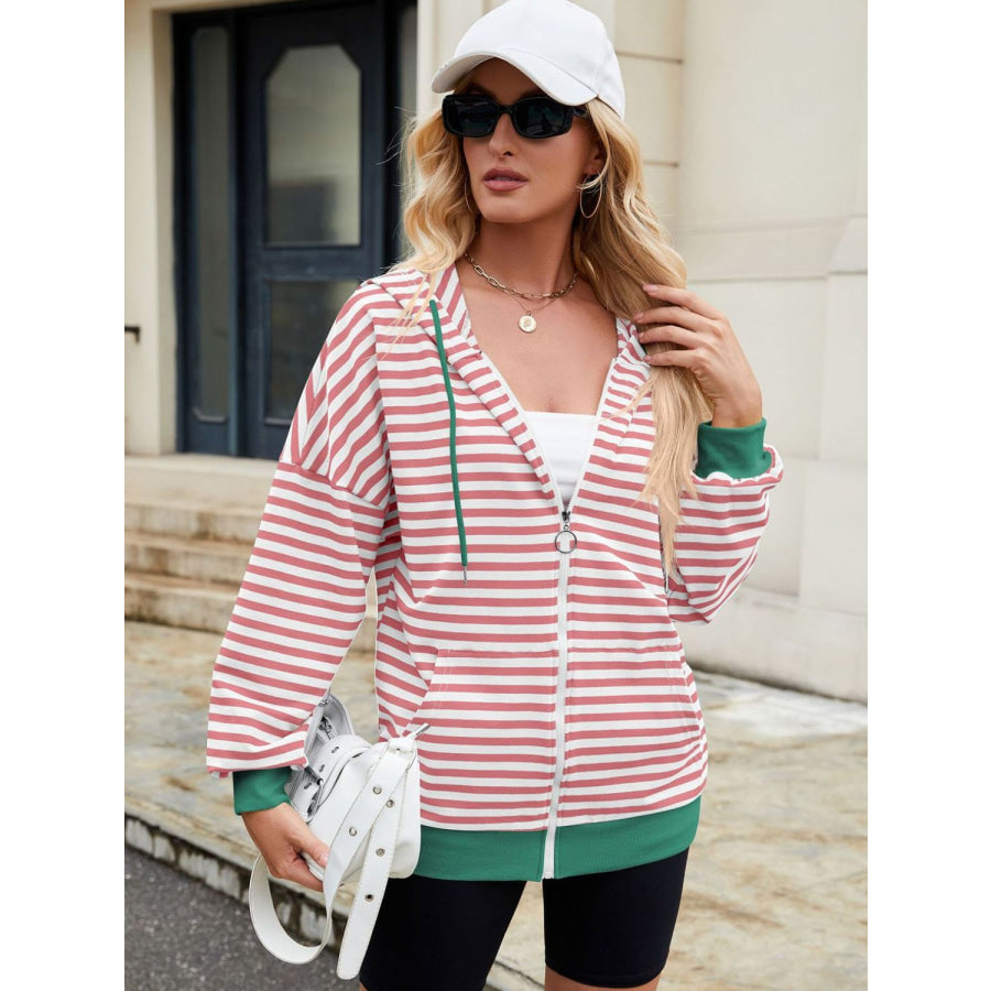 Drawstring Striped Zip Up Long Sleeve Hoodie Apparel and Accessories