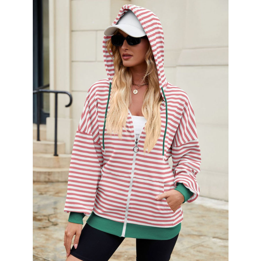 Drawstring Striped Zip Up Long Sleeve Hoodie Apparel and Accessories