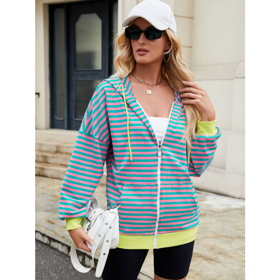 Drawstring Striped Zip Up Long Sleeve Hoodie Apparel and Accessories