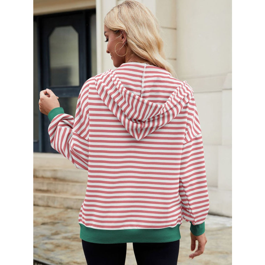 Drawstring Striped Zip Up Long Sleeve Hoodie Apparel and Accessories