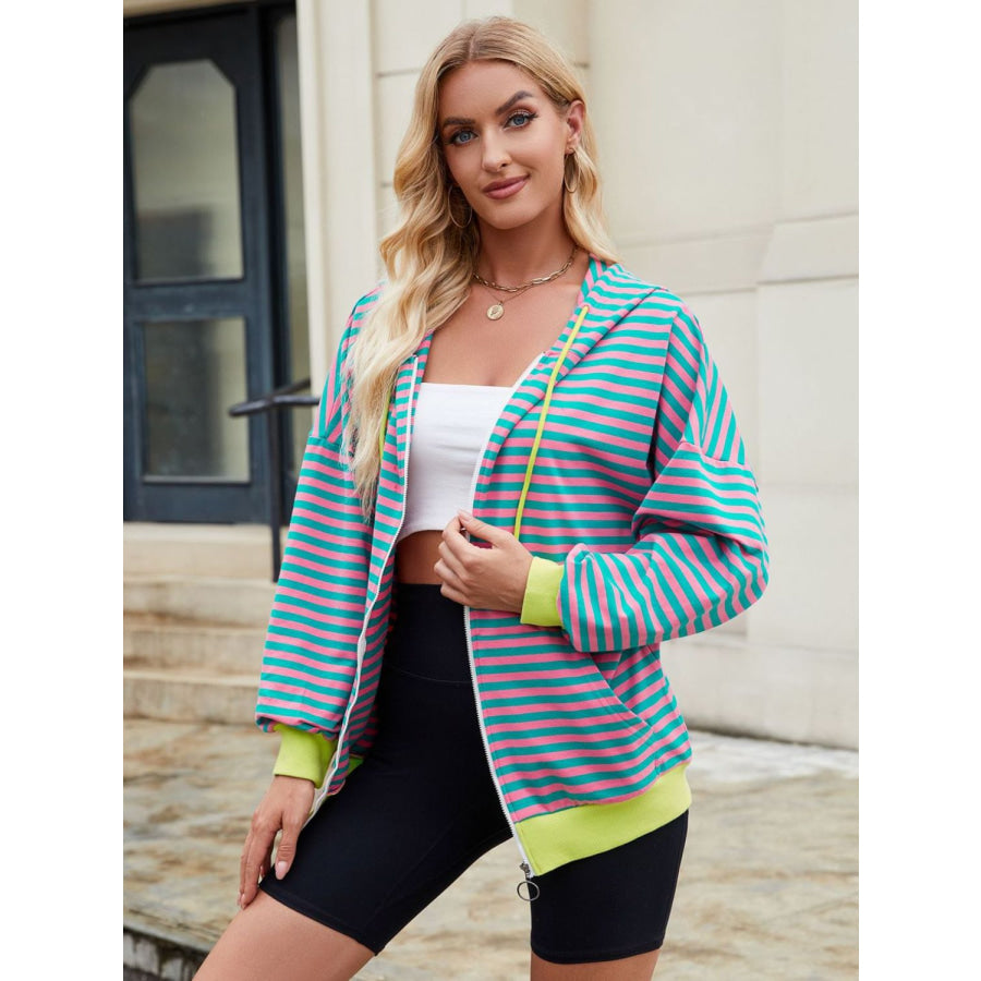 Drawstring Striped Zip Up Long Sleeve Hoodie Apparel and Accessories