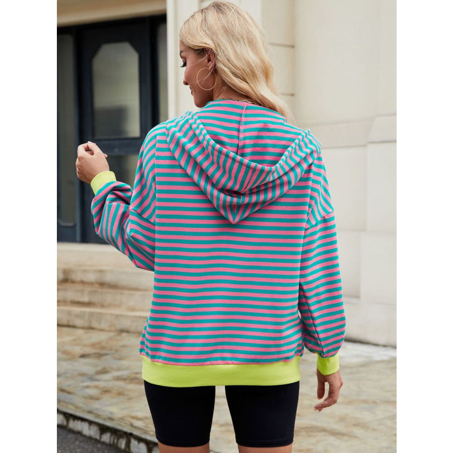 Drawstring Striped Zip Up Long Sleeve Hoodie Green/Pink / S Apparel and Accessories