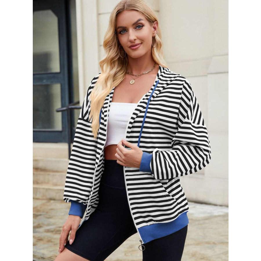 Drawstring Striped Zip Up Long Sleeve Hoodie Apparel and Accessories