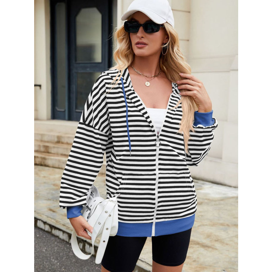 Drawstring Striped Zip Up Long Sleeve Hoodie Black/White / S Apparel and Accessories