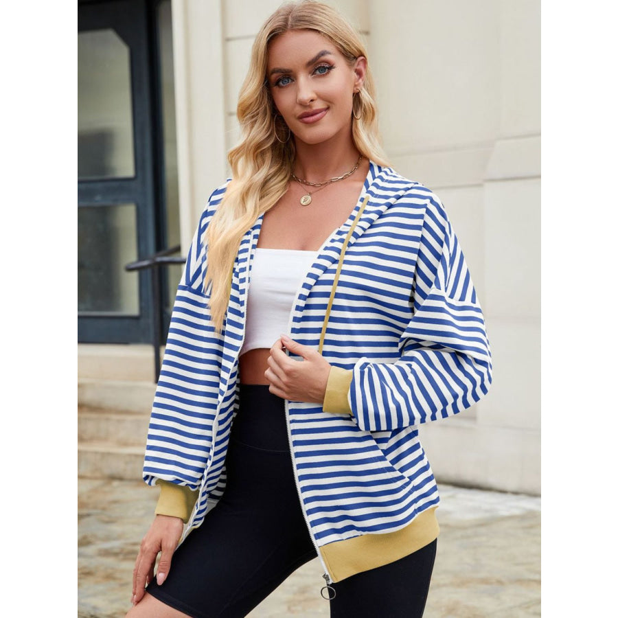 Drawstring Striped Zip Up Long Sleeve Hoodie Blue/White / S Apparel and Accessories